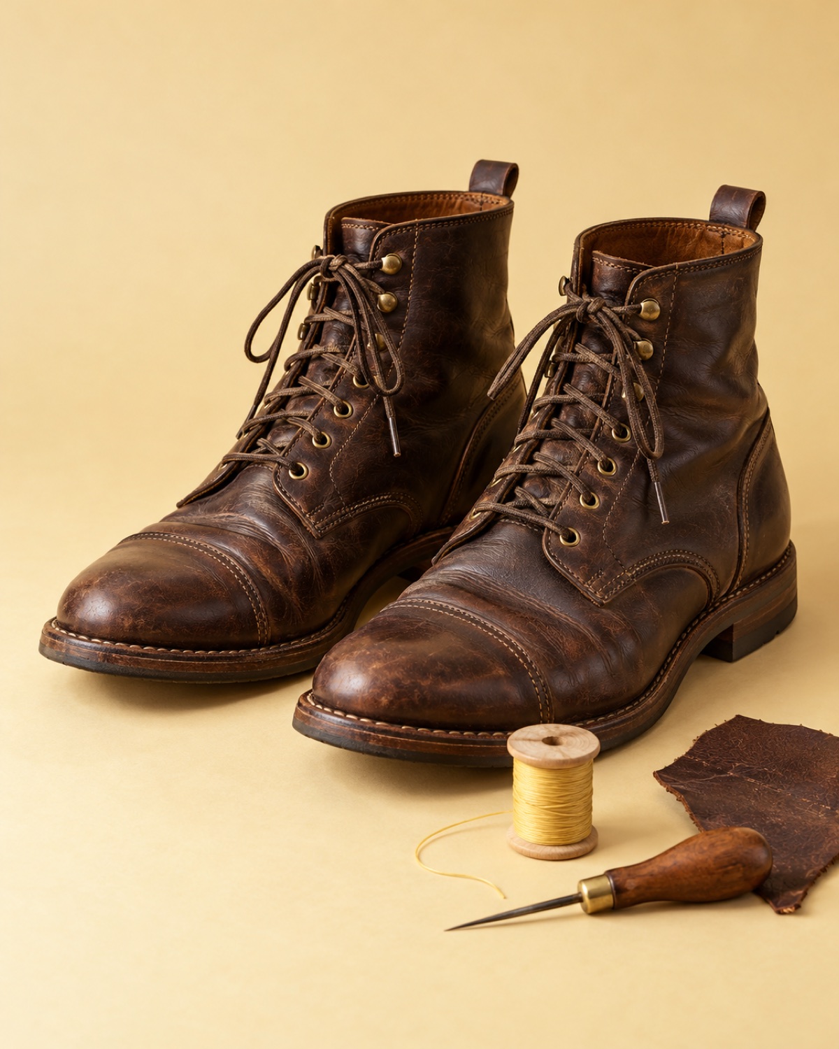 Illustrative brown leather boots, thread and repair tools on a pale yellow surface